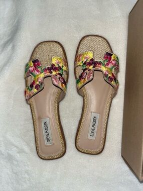 Steve Madden Floral Embroidered Slide Sandals - Tan with Pink, Yellow & Green
